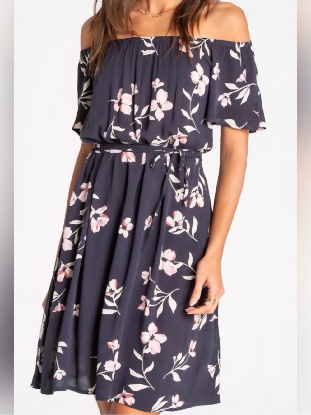 Billabong Navy Floral Off Shoulder Mini Dress